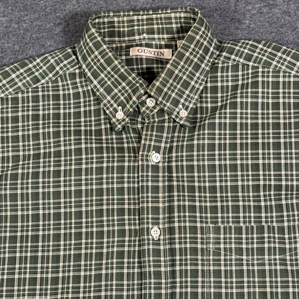 Gustin Mens Green White Plaid Button Down Shirt 100% Cotton Made in USA Size M
